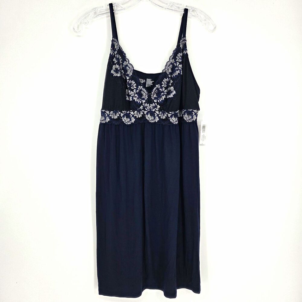 NWT Soma Cool Nights Navy Lace Sleep Chemise V-Neck Adjustable Straps Size Large